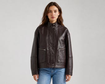Womens leather jacket, stand collar zipper front outerwear, patch pocket jacket, minimalist biker style, gift for her