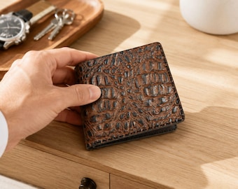 Personalized cognac crocodile leather handmade mens custom engraved bifold slim card holder exotic wallet college graduation gifts