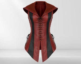 Leather corset vest, Womens red & black medieval armor, hooded steampunk gothic waistcoat, victorian renaissance cosplay, halloween costume
