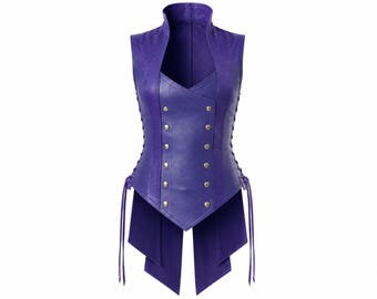 Leather vest for womens, halloween costume, victorian tailcoat waistcoat, Purple medieval armor fitted sleeveless corset, gifts for her