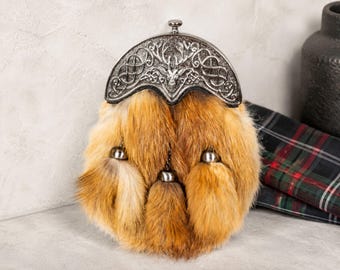 Celtic highland stag fox Sporran majestic red fox Cantle interlaced knotwork Scottish Kilt bag with chain strap wedding & collector's gift