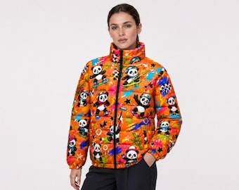 Orange Cartoon Panda Puffer Jacket, Unisex Quilted Streetwear