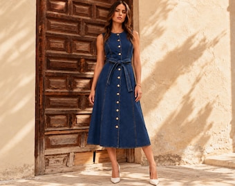 Denim midi dress womens clothing retro streetwear cotton vintage look cottage inspired chic casual  birthday gifts for her