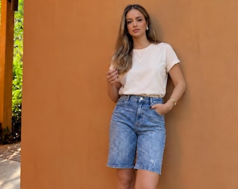 Bermuda denim shorts womens wide legs vintage inspired jeans everyday casual summer shorts with Pockets outfit personalized gift for her