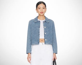 Cropped denim jacket, rounded collar button front jean jacket, minimal tailored Womens casual outerwear, anniversary gifts for her