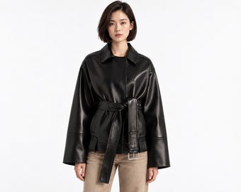 Leather Jacket for Women, Wrap Front Leather Coat, Tie Waist Jacket, Relaxed Fit Outerwear, Minimalist Streetwear, Luxury Gift for Her