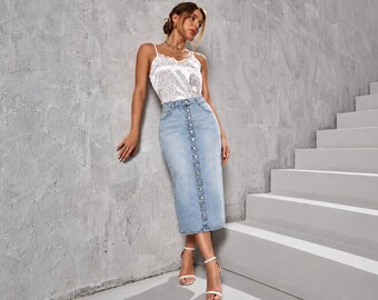 Denim midi skirt for women, high waist straight jean skirt with pockets and back slit, casual streetwear everyday anniversary gifts for her
