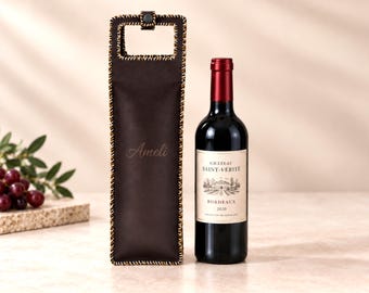 Personalised Wine Bag, Realtor Closing Gift, Brown Leather Wine Bottle Carrier, New Home Gift, company logo gifts