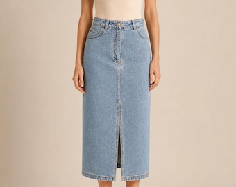 Women denim midi skirt, high waisted straight jean skirt with pockets, front slit, modest casual everyday womens clothing gifts for her
