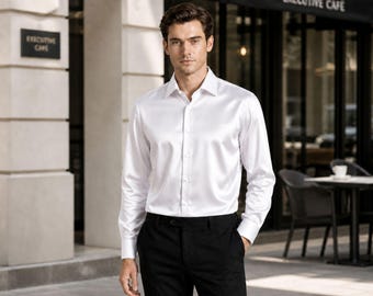 Luxury corporate gifts silk mens dress shirt long sleeves slim fit button down spread collar custom tailored office shirt mens clothing