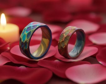 Rainbow textured couple rings matching promise rings for couples colorful hammered bands gift for him and her floral design engraved