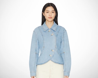 Asymmetric denim jacket, curved hem fitted jean jacket, button front tailored outerwear, womens clothing, teacher gifts