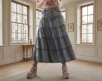 Boho blue denim skirt vintage retro streetwear cottagecore long midi skirt summer clothing festival outfit gift for her anniversary gifts