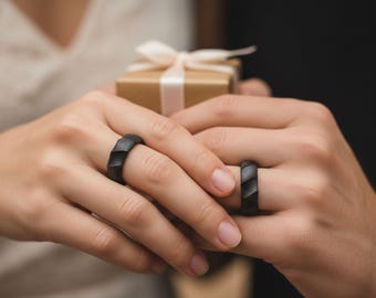 couple rings black wavy textured wedding ring set promise rings for couple engagement rings engraved rings wooden box engraved jewelry box