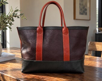 Leather tote bag, two tone work handbag custom name office shoulder bag, gift for her, luxury new mom gift ideas, Baby shower gifts