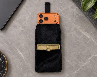 Black Textured Phone Case with Card Holder and Round Keychain
