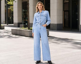 Denim jumpsuit long sleeves front button closure flared leg jeans romper dress womens casual chic summer outfit anniversary gifts for her