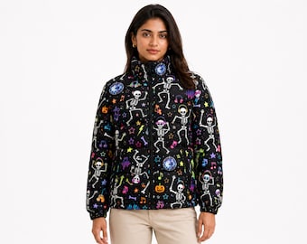 Quilted Winter Puffer Jacket with Skeleton Print and Full Zip
