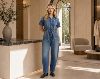Denim jumpsuit button closure drawstring waist flared leg jeans romper dress womens clothing summer outfit personalized graduation gift