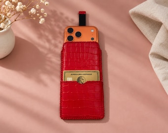 Handmade Red Crocodile Embossed Leather Phone Sleeve with Personalized Name