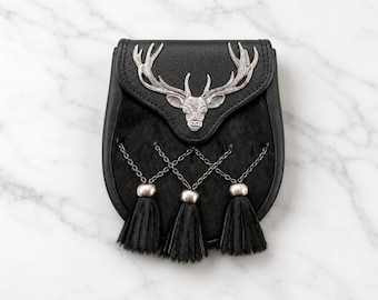 Black fox flap with smooth leather trim kilt sporran Scottish dress traditional semi dress sporran with tassels personalized gift