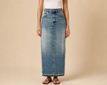 Women's denim midi skirt with side slit, high waist long jean skirt with pockets, straight fit,  casual everyday modest skirt gifts for her