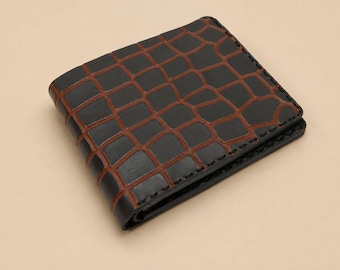 Customized leather men's wallet personalized engraved geometric reddish brown crocodile bifold slim card wallet appreciation gifts for him