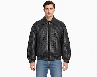 Woven Leather Jacket, Luxury Custom Braided Leather Bomber, Basket Weave Zip Jacket, Mens Leather Outerwear, gift for him