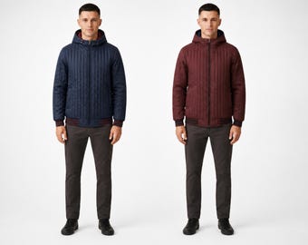 Reversible Quilted Puffer Jacket, Unisex Hooded Outerwear with Full Zip