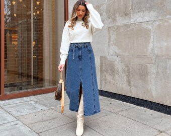 High waisted skirt for women, denim midi A line jean skirt with front slit and pockets, modest casual streetwear gifts for her