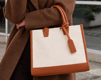 Two Tone Bag, Structured Office Leather Tote Handbag, Shoulder Purse, Custom Birthday Gift for Her, Handmade Gift for Mom