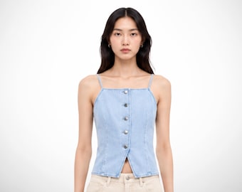 denim corset top Sleeveless womens button front camisole, spaghetti strap fitted jean vest, summer dress, best friend gifts