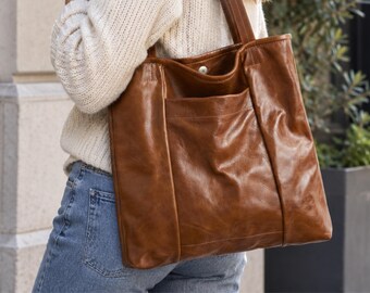 Shoulder tote bag, genuine leather shopper, custom name tote bag, wedding gifts, personalized baby shower gifts