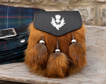 Scottish thistle sporran fur body silver thistle badge leather flap kilt bag with chain strap for burns night wedding & highland dress
