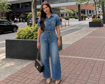 Denim jumpsuit button closure drawstring waist flared leg jeans romper dress womens clothing summer outfit personalized graduation gift