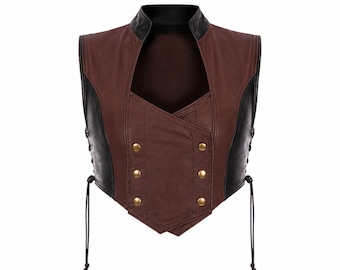 Cropped corset vest for womens, Leather button front waistcoat, side lace up gothic steampunk, halloween costume, gifts for her