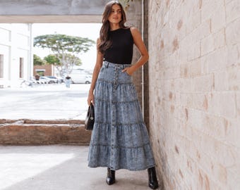 Boho denim skirt vintage retro streetwear cottagecore long midi skirt summer clothing festival outfit teacher gifts for her