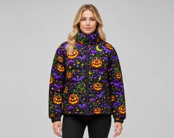 Unisex Winter Puffer Jacket, Quilted with Pumpkin and Moon Print