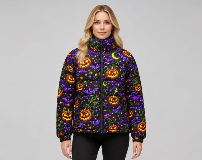Featured listing image: Unisex Winter Puffer Jacket, Quilted with Pumpkin and Moon Print