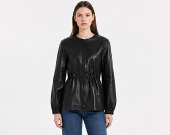 Womens Leather Jacket, Zip Front Jacket, Gathered Waist Leather Blouson, Minimalist peplum jacket, Fashion Gift For Her