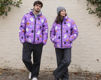 Ghost Print Puffer Jacket Unisex, Quilted Halloween Outerwear