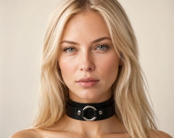 Women's black leather O ring choker necklace wide leather choker minimal collar gothic choker cosplay accessory personalized gift for her