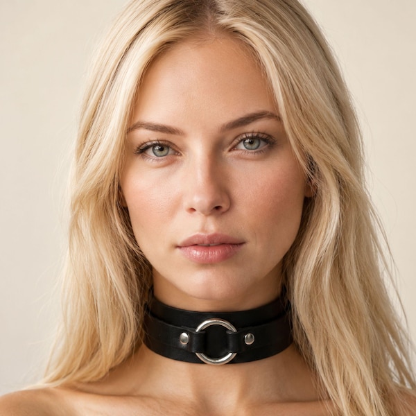 Gargantilla con aro en O para mujer, collar de cuero negro, gargantilla ancha de cuero, collar minimalista, gargantilla gótica, accesorio para cosplay, regalo personalizado para ella.