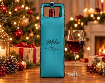 Teal Leather Wine Bottle Carrier with Handle, Personalized