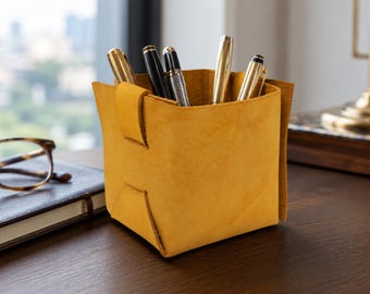 Pen holder for desk organizer, Personalized leather square pencil cup, pen pouch, minimalist desk accessories, teacher gifts for him