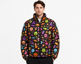 Unisex Winter Puffer Jacket with Candy, Pumpkin and Ghost Print