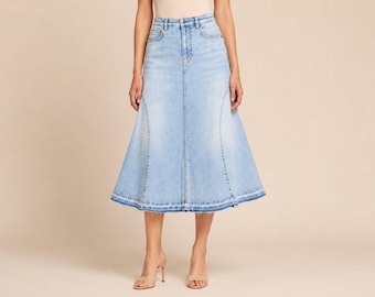 High waisted denim midi skirt for women, A line long jean skirt with pockets, light wash casual modest everyday skirt, womens clothing