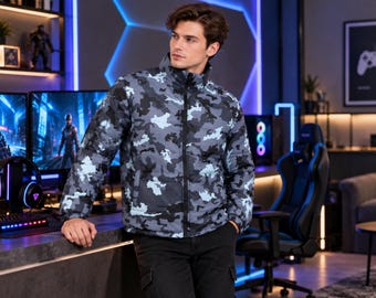 Men's camouflage puffer jacket, Gift for him, Lightweight camo zip up coat, High collar outdoor jacket, Military inspired streetwear