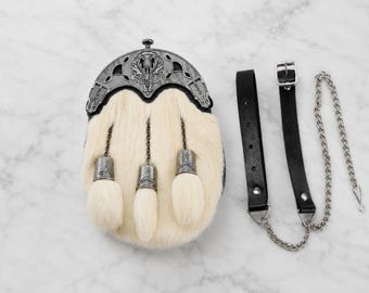 White rabbit hair handmade leather highland sporran thistle Celtic cantle traditional accessory bag with pipe band kilt personalized gift