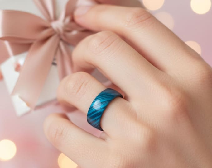 Featured listing image: Blue Textured Ring for Women Minimalist Round bevel Band Modern Statement Ring Anniversary Gift for Her Jewelry gift wooden keepsake box